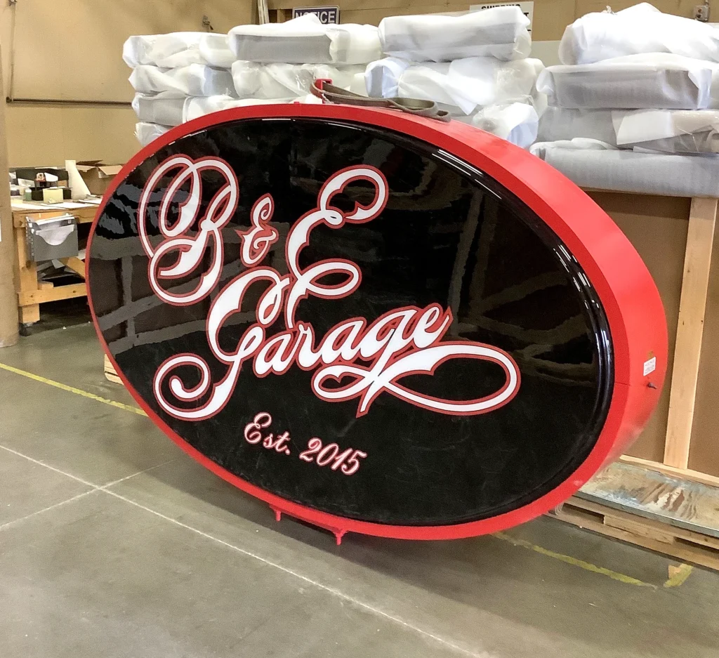 B & E Garage Sign during fabrication in the shop