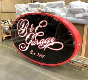 B & E Garage Sign during fabrication in the shop