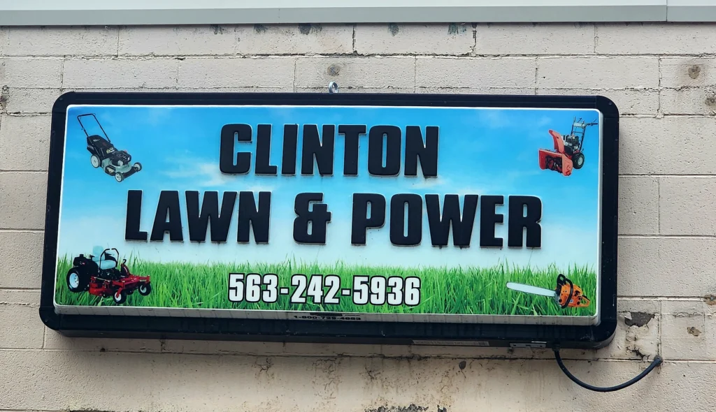 Clinton Lawn & Power Storefront Sign in its installed setting