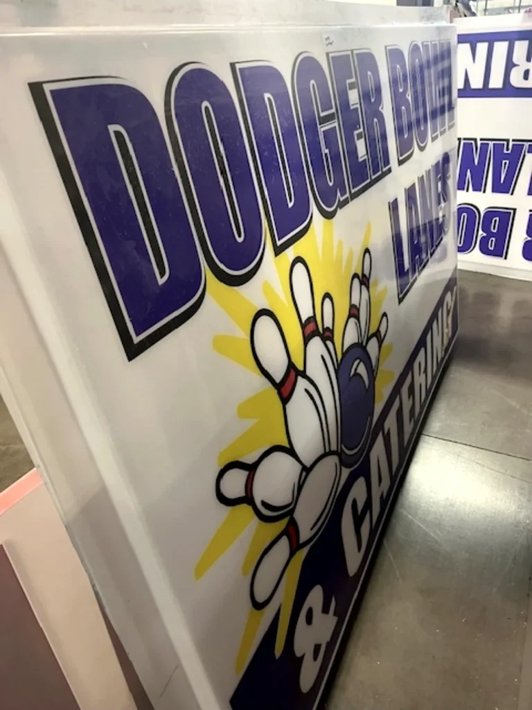 Dodger Bowl Lanes & Catering Sign during fabrication in the shop