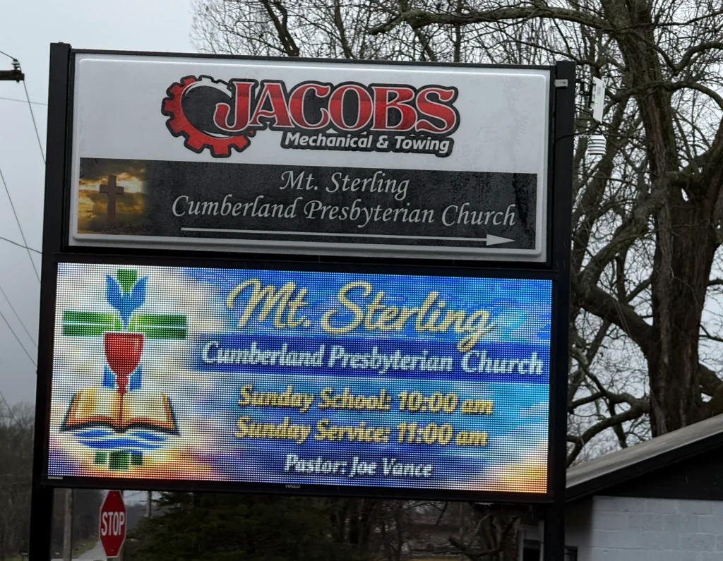 Jacobs Mechanical & Towing Digital Sign in its installed setting