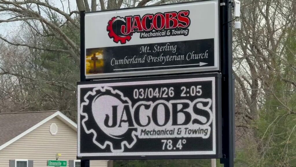 Jacobs Mechanical & Towing Digital Sign shown in actual field footage