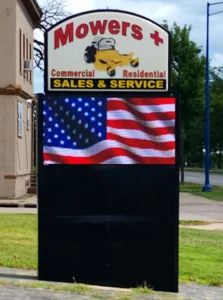 Mowers Plus Digital Sign in its installed setting