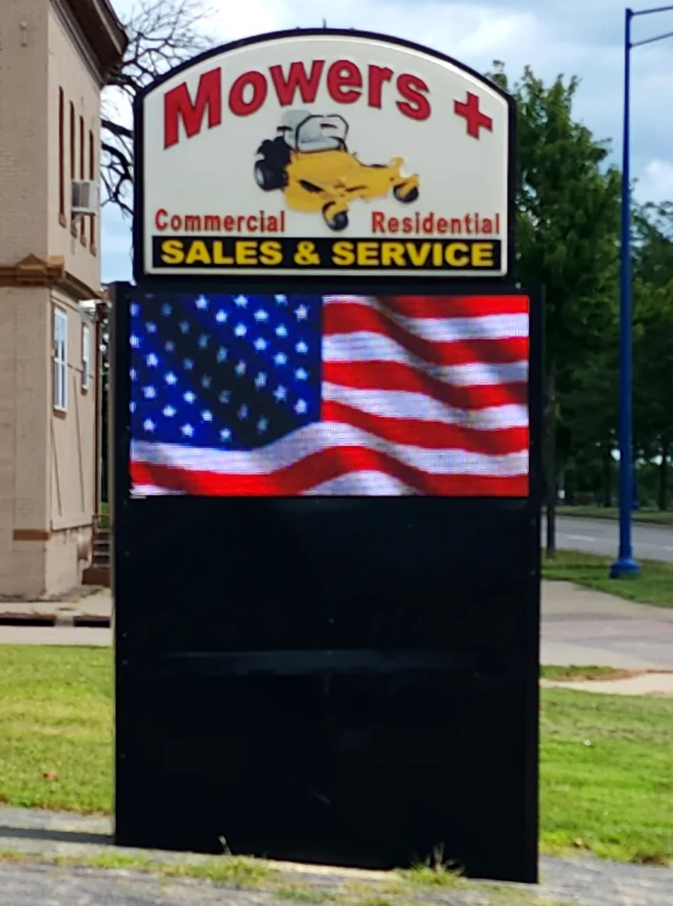 Mowers Plus Digital Sign in its installed setting