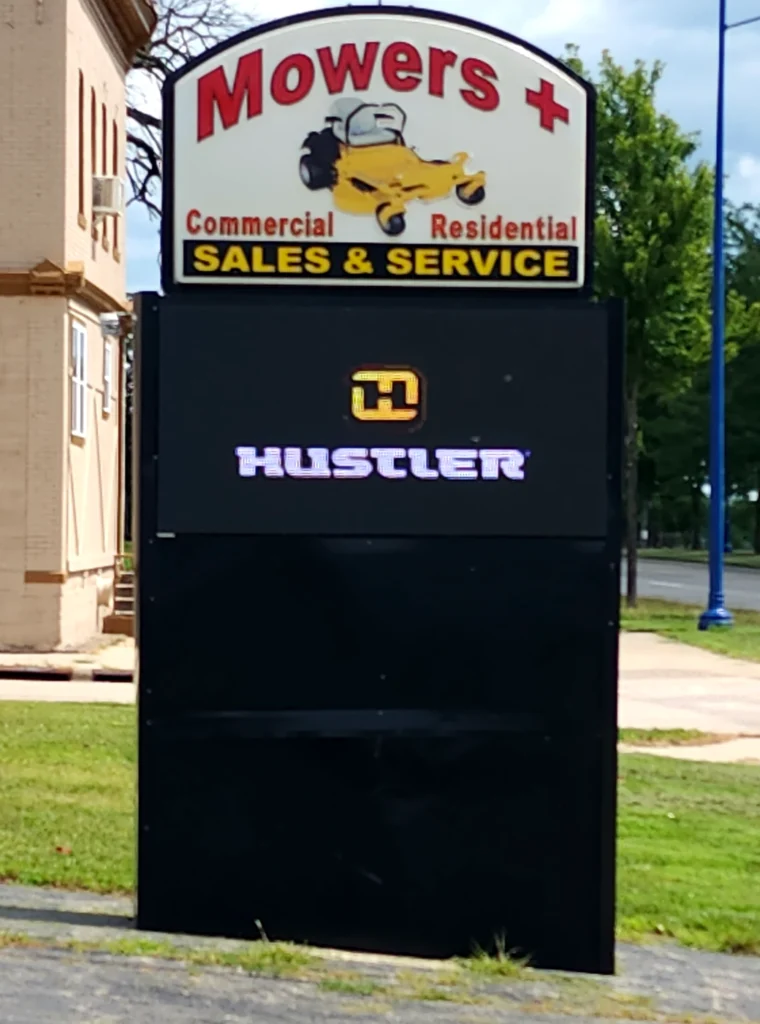 Mowers Plus Digital Sign in its installed setting
