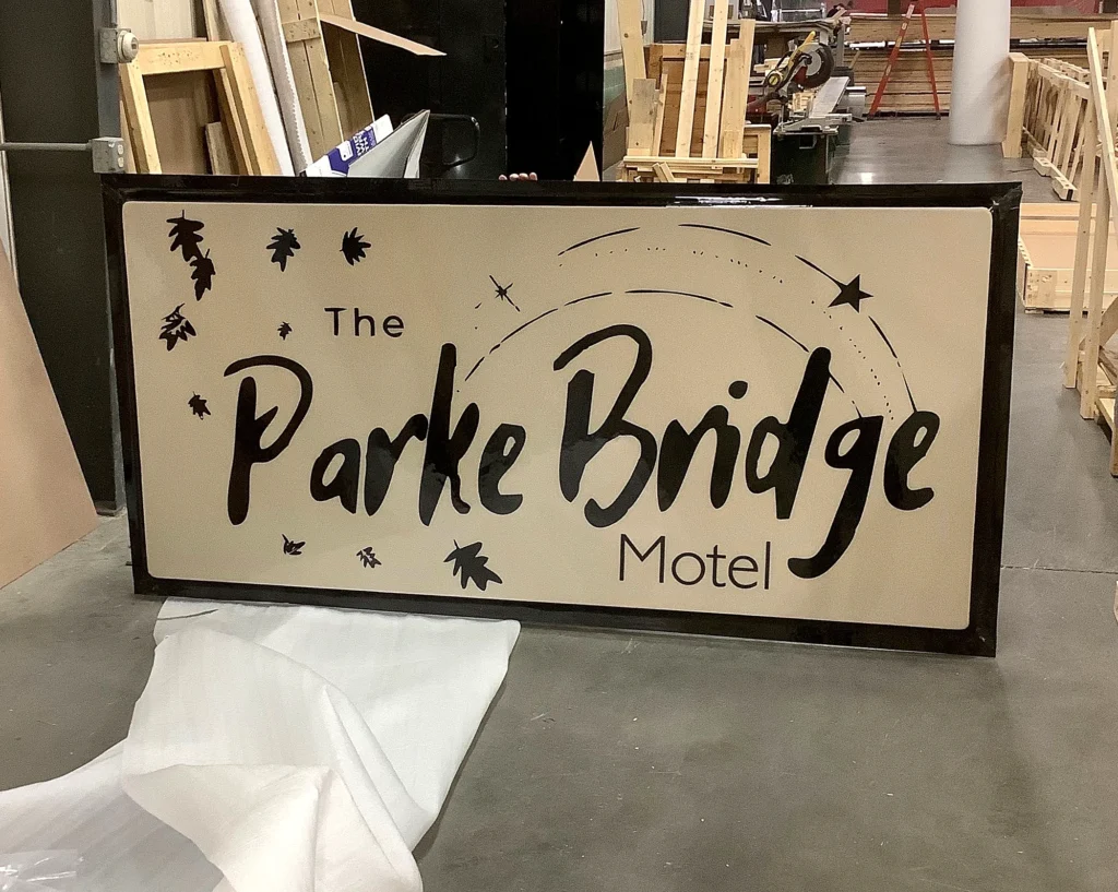 ParkeBridge Motel Sign during fabrication in the shop