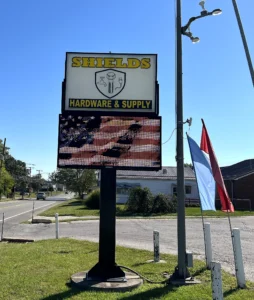Shields Hardware & Supply Digital Sign in its installed setting