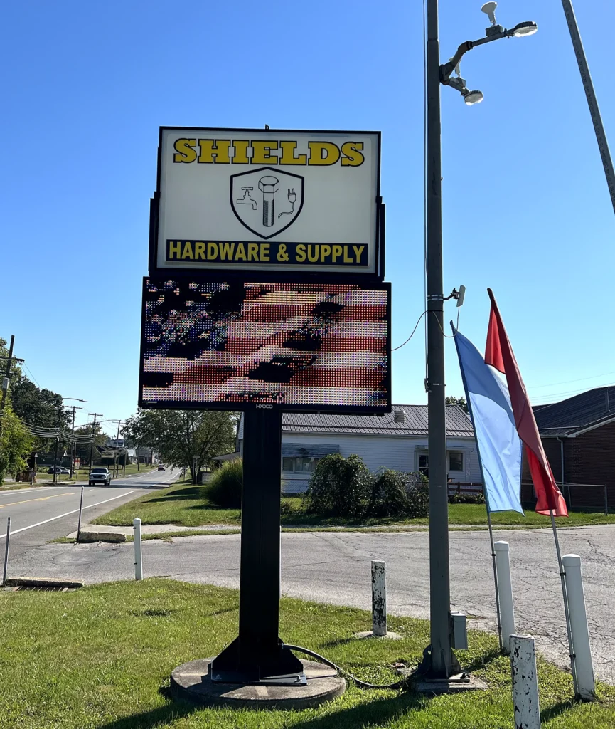 Shields Hardware & Supply Digital Sign in its installed setting